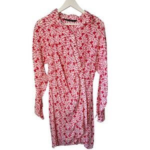 WILD PONY Red White Coral Print Wrap Shirt Dress Midi Size M Boho Resort Luxury